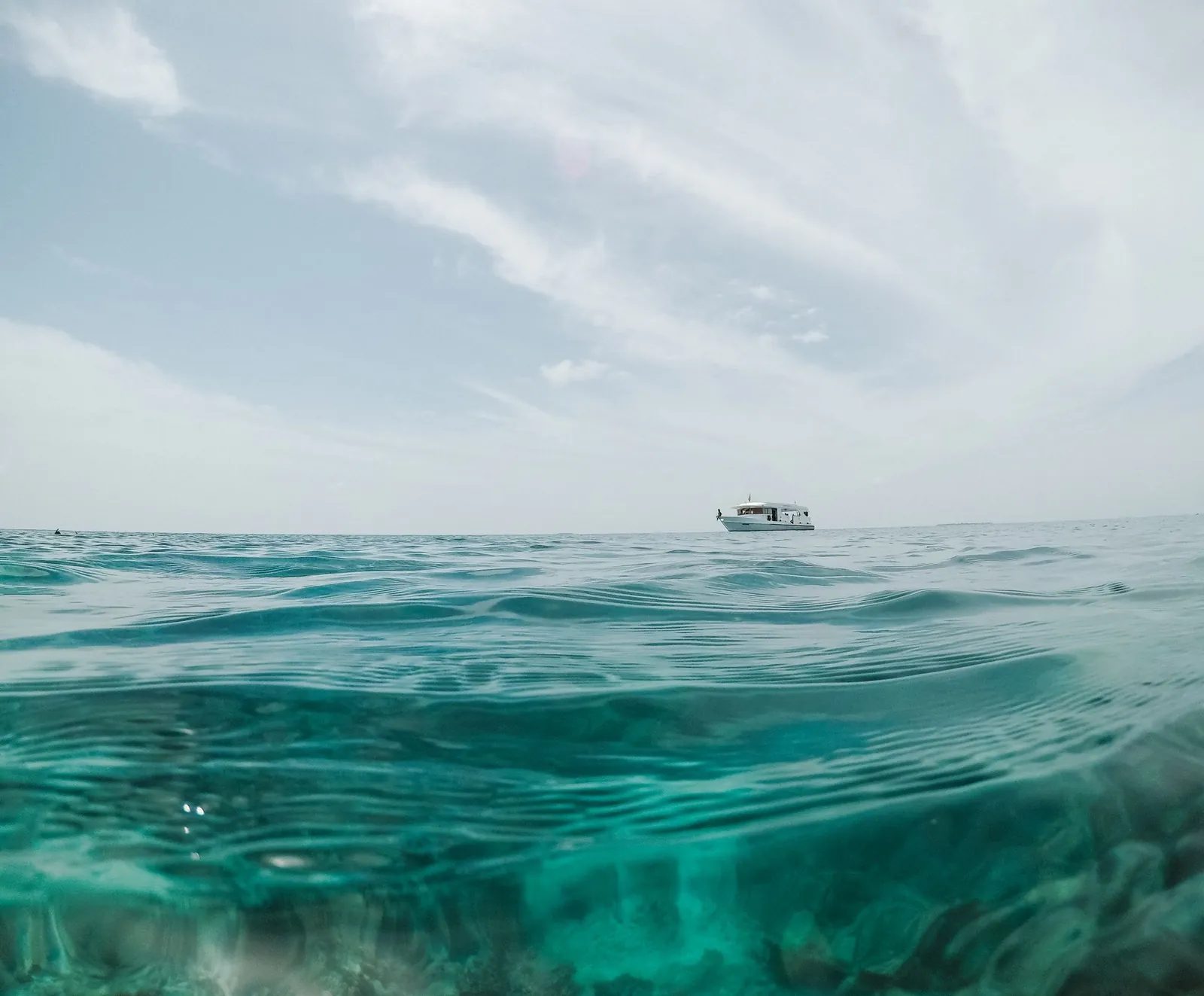 A boat out on clear water beyond the reef